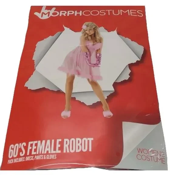Morph 60s Pink Female Robot Costume Womens XS Babydoll Dress Gloves Pants - Picture 6 of 7